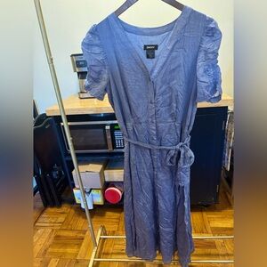 Blue light linen button down dress